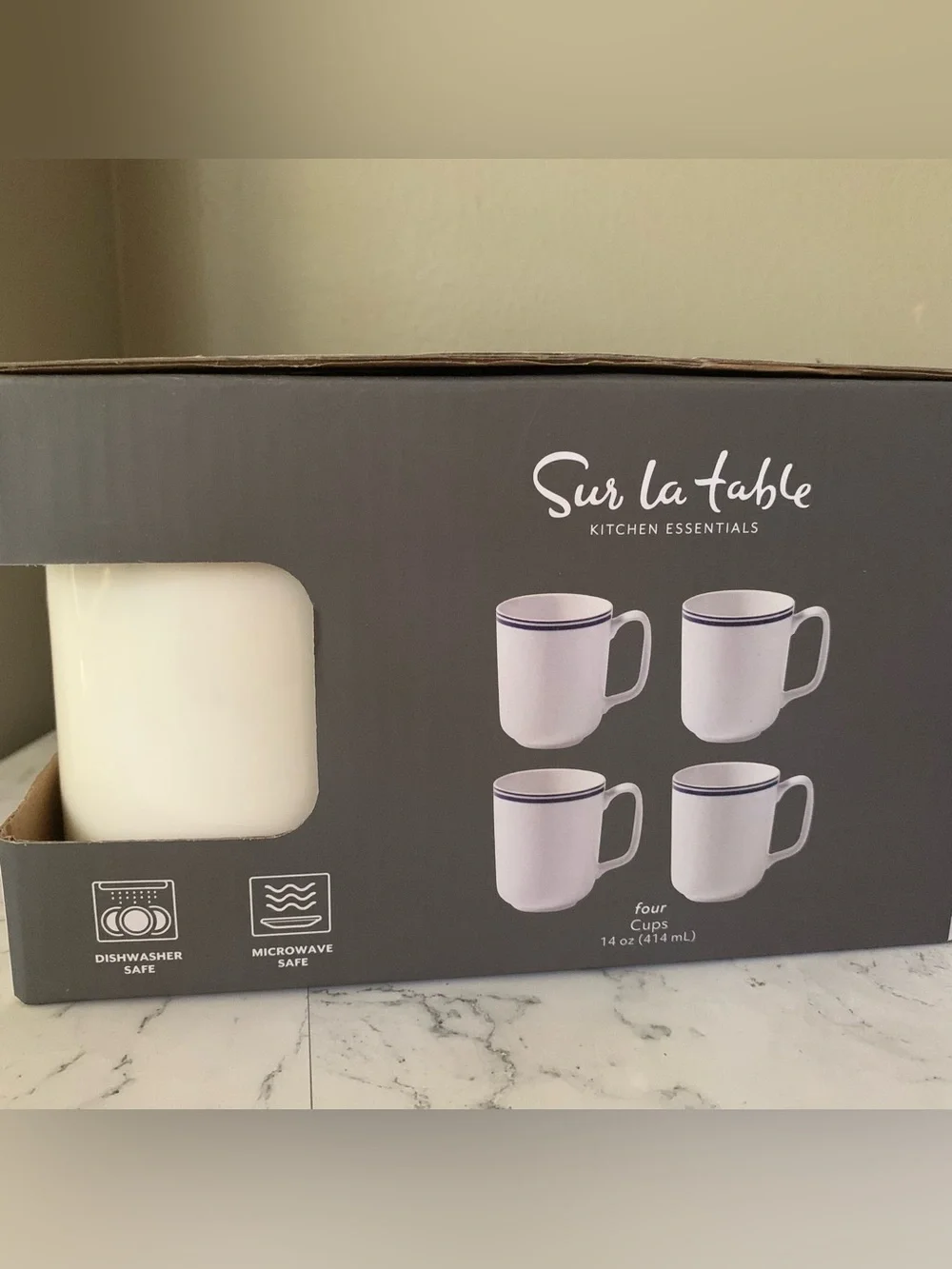 Sur La Table Blue Rim Bistro Style Fine Ceramic Cups/ Mugs Set of 4 - 14 Oz Each